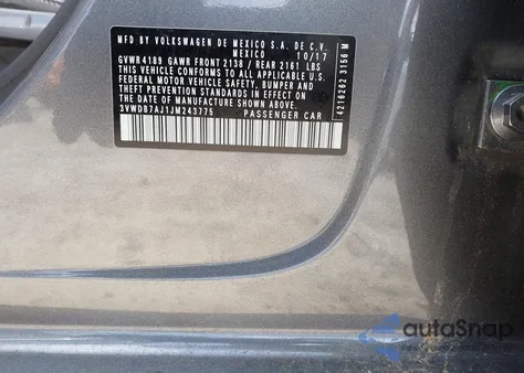 2018 Volkswagen Jetta 1.4T Se/1.4T Wolfsburg Edition from USA, damaged, VIN 3VWDB7AJ1JM243775